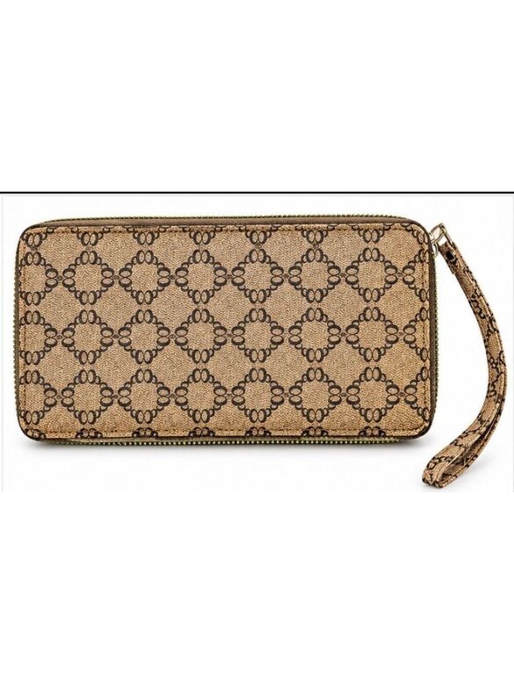 Womens Brown Tan Monogram Zip Around Wallet Wristlet Card Holder Coin Purse
